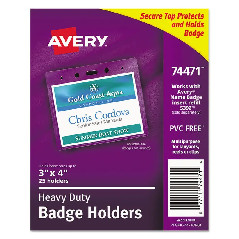 Avery Secure Top Heavy-Duty Badge Holders, Horizontal, 4w x 3h, Clear, 25/Pack (AVE74471) Pack of 25