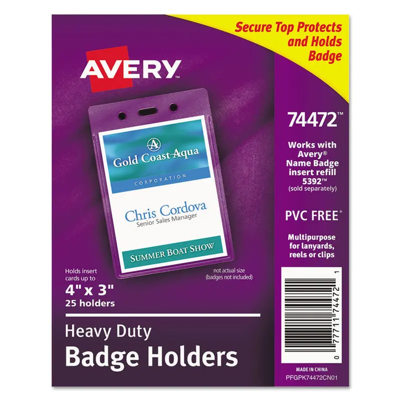 Avery Secure Top Heavy-Duty Badge Holders, Vertical, 3w x 4h, Clear, 25/Pack (AVE74472) Pack of 25
