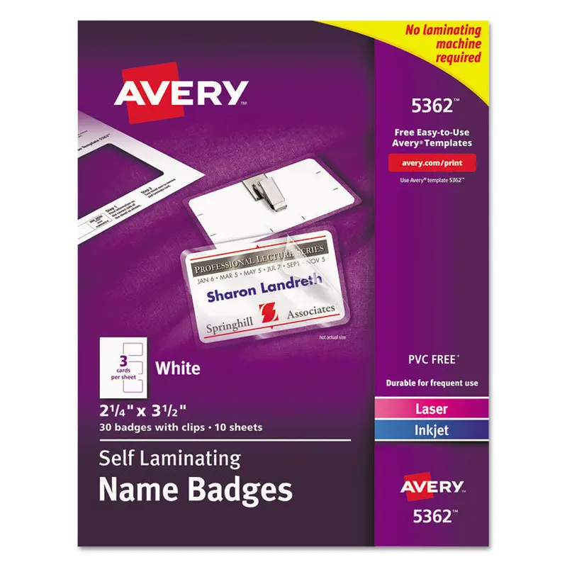 Avery Self-Laminating Laser/Inkjet Printer Badges, 2.25 x 3.5, White, 30/Box (AVE5362) Box of 30