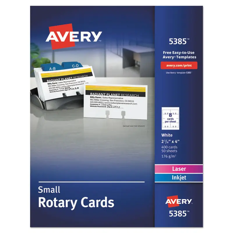 Avery Small Rotary Cards, Laser/Inkjet, 2.17 x 4, White, 8 Cards/Sheet, 400 Cards/Box (AVE5385) Each