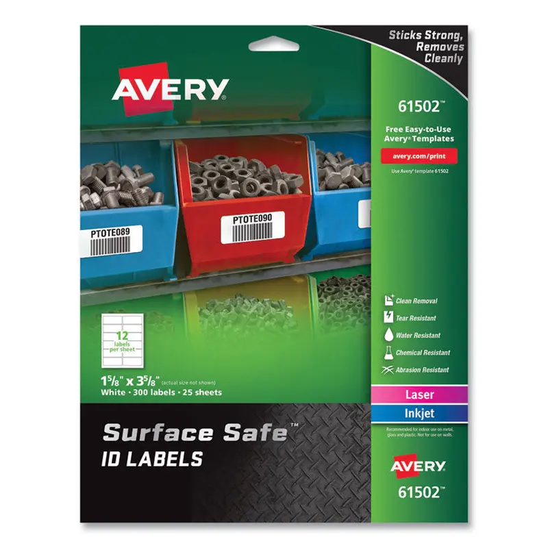 Avery Surface Safe ID Labels, Inkjet/Laser Printers, 1.63 x 3.63, White, 12/Sheet, 25 Sheets/Pack (AVE61502) Pack of 300