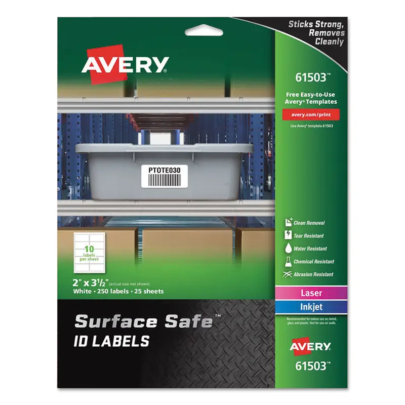 Avery Surface Safe ID Labels, Inkjet/Laser Printers, 2 x 3.5, White, 10/Sheet, 25 Sheets/Pack (AVE61503) Pack of 250