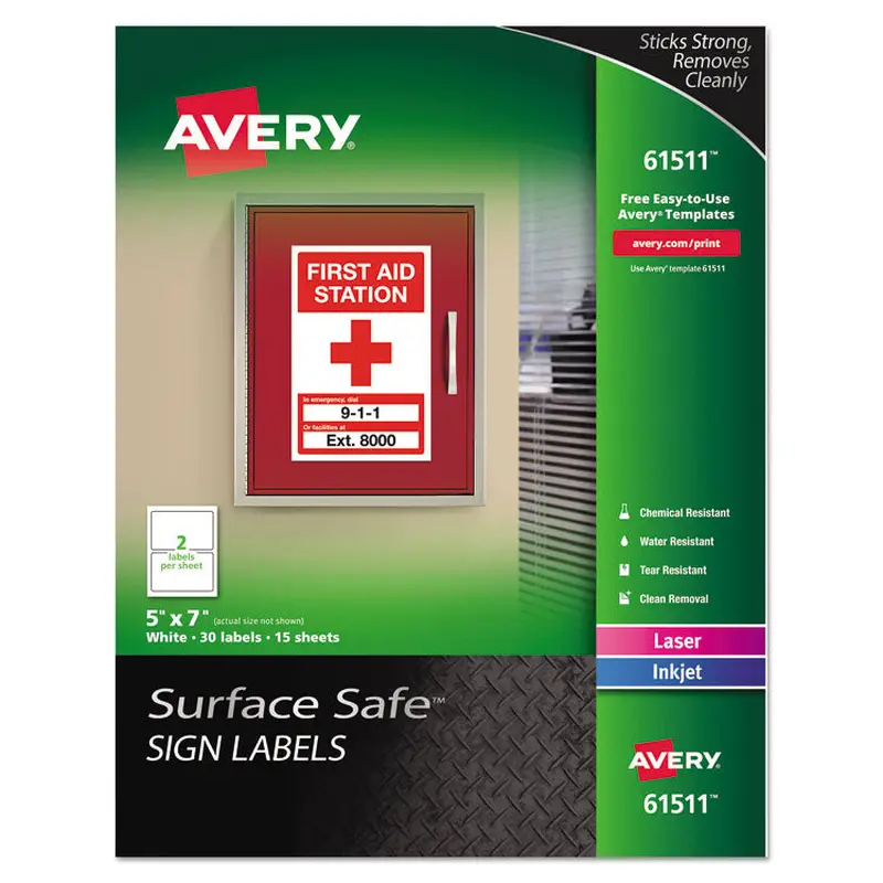 Avery Surface Safe Removable Label Safety Signs, Inkjet/Laser Printers, 5 x 7, White, 2/Sheet, 15 Sheets/Pack (AVE61511) Pack of 30