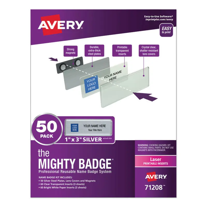 Avery The Mighty Badge Name Badge Holder Kit, Horizontal, 3 x 1, Laser, Silver, 50 Holders/120 Inserts (AVE71208) Pack of 50