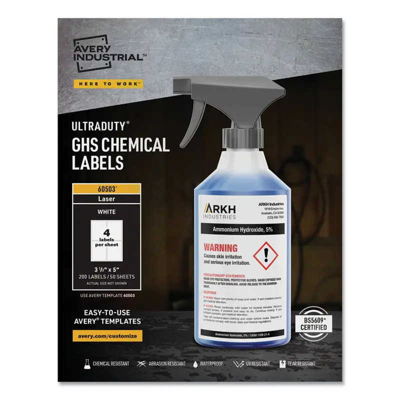 Avery UltraDuty GHS Chemical Waterproof and UV Resistant Labels, 3.5 x 5, White, 4/Sheet, 50 Sheets/Box (AVE60503) Box of 200