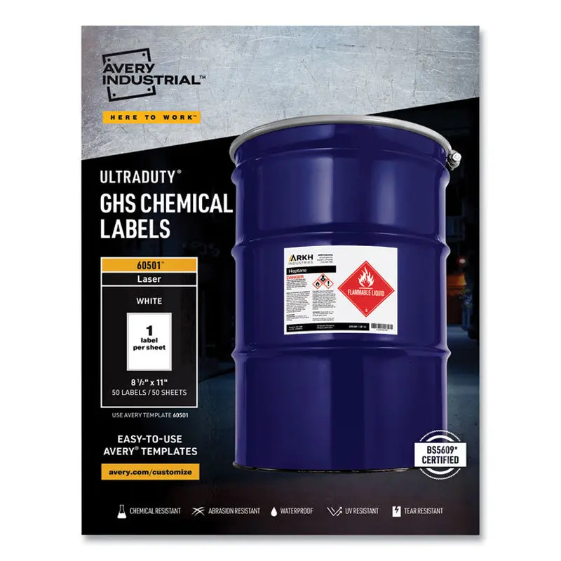 Avery UltraDuty GHS Chemical Waterproof and UV Resistant Labels, 8.5 x 11, White, 50/Box (AVE60501) Box of 50
