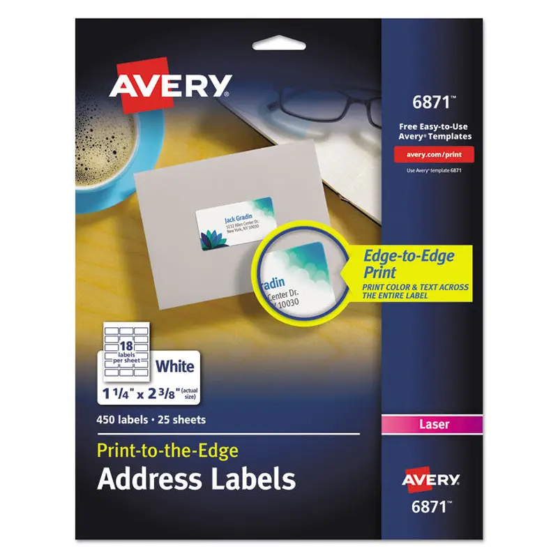 Avery Vibrant Laser Color-Print Labels w/ Sure Feed, 1.25 x 2.38, White, 450/Pack (AVE6871) Pack of 450