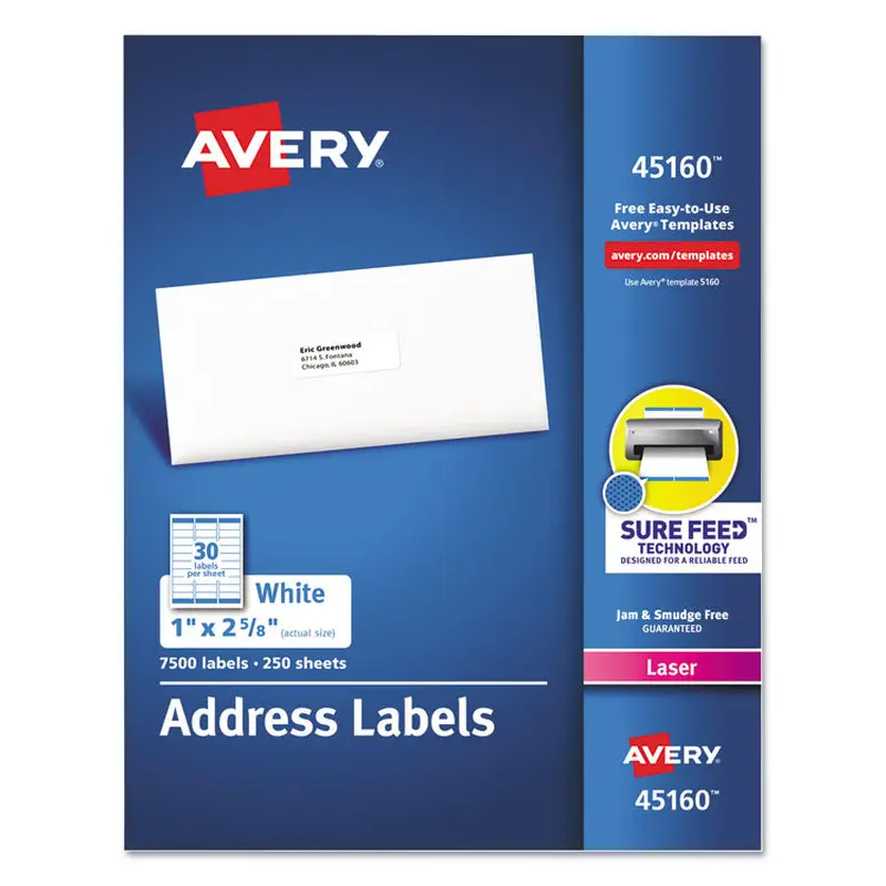 Avery White Address Labels w/ Sure Feed Technology for Laser Printers, Laser Printers, 1 x 2.63, White, 30/Sheet, 250 Sheets/Box (AVE45160) Box of 250 Sheets