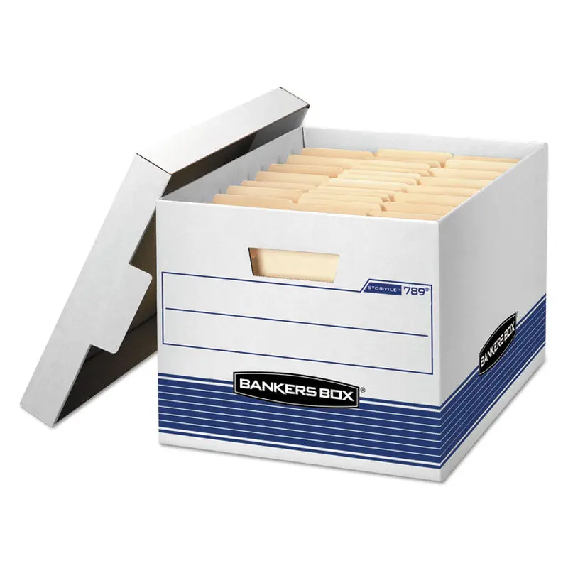 Bankers Box STOR/FILE Medium-Duty Letter/Legal Storage Boxes, Letter/Legal Files, 12.75" x 16.5" x 10.5", White/Blue, 12/Carton (FEL00789) Carton of 12