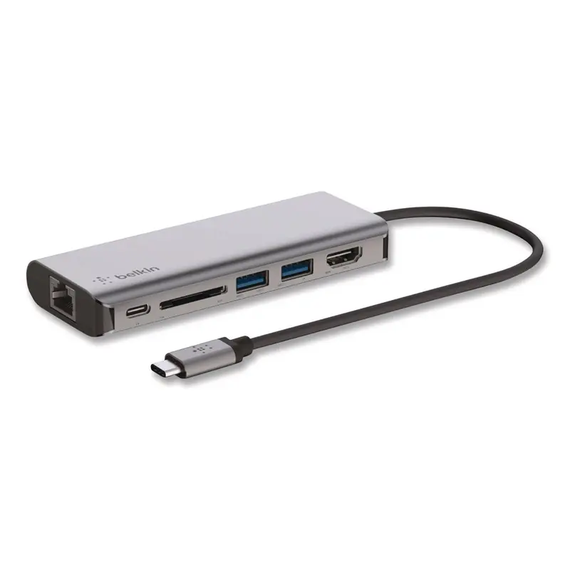 Belkin Connect 6-in-1 USB-C Multiport Adapter Hub, 6-Port, Gray (BLKAVC008BTSGY) Each