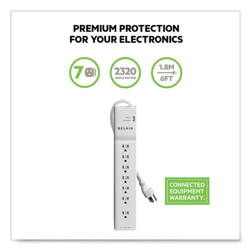 Belkin Home/Office Surge Protector, 7 AC Outlets, 6 ft Cord, 2,320 J, White (BLKBE10720006) Each