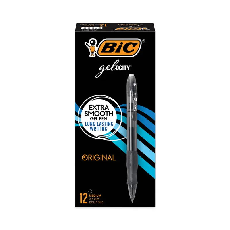 BIC Gel-ocity Gel Pen, Retractable, Medium 0.7 mm, Black Ink, Translucent Black Barrel, Dozen (BICRLC11BK) Box of 12
