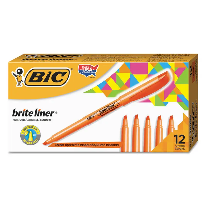 BIC Brite Liner Highlighter, Fluorescent Orange Ink, Chisel Tip, Orange/Black Barrel, Dozen (BICBL11OE) Set of 12