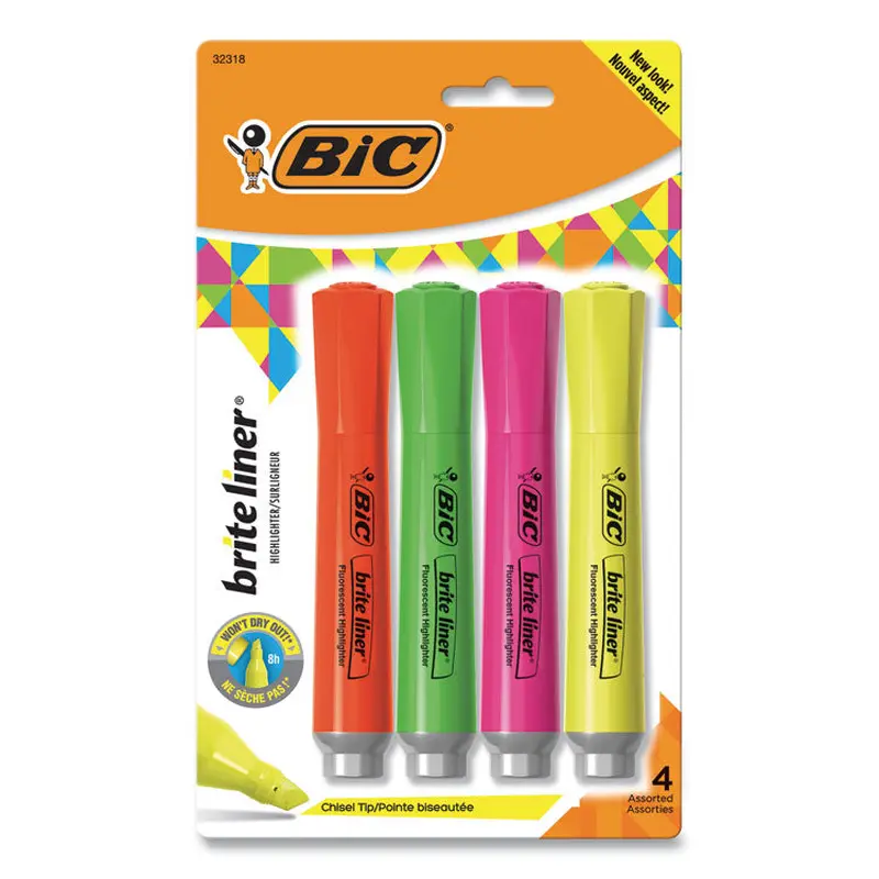BIC Brite Liner Tank-Style Highlighter, Assorted Ink Colors, Chisel Tip, Assorted Barrel Colors, 4/Set (BICBLMGP41ASST) Pack of 4