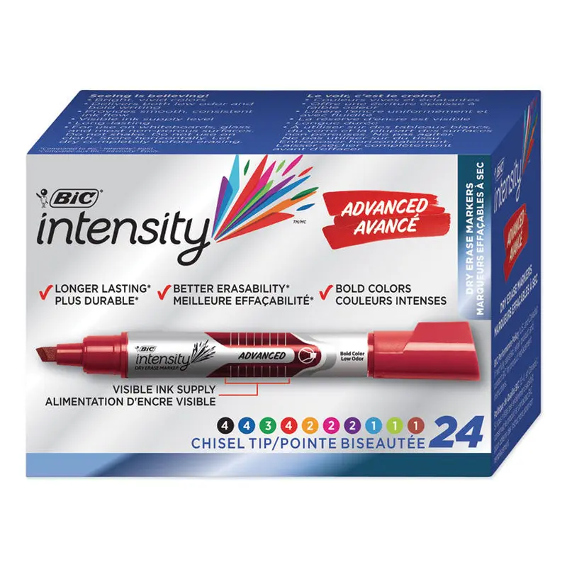 BIC Intensity Advanced Dry Erase Marker, Tank-Style, Broad Chisel Tip, Assorted Colors, 24/Pack (BICGELITP241AST) Pack of 24