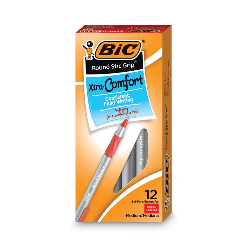 BIC Round Stic Grip Xtra Comfort Ballpoint Pen, Easy-Glide, Stick, Medium 1.2 mm, Red Ink, Gray/Red Barrel, Dozen (BICGSMG11RD) 1 Dozen