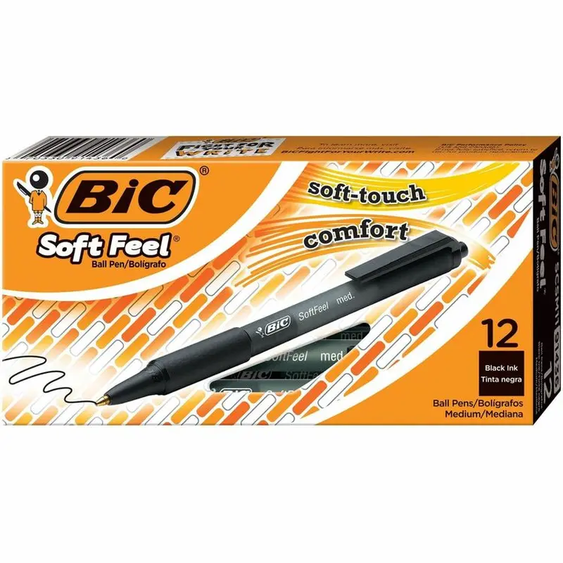 BIC Soft Feel Retractable Ballpoint Pen, Medium 1mm, Black Ink/Barrel, Dozen (BICSCSM11BK) 1 Dozen