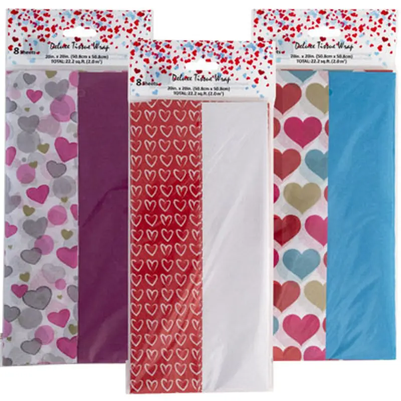 TISSUE 8CT 3AST VALENTINE PRINTPINK HALF