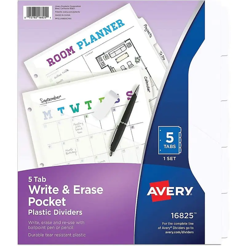 Avery Write and Erase Durable Plastic 5-Tab Dividers with Pocket (16825)