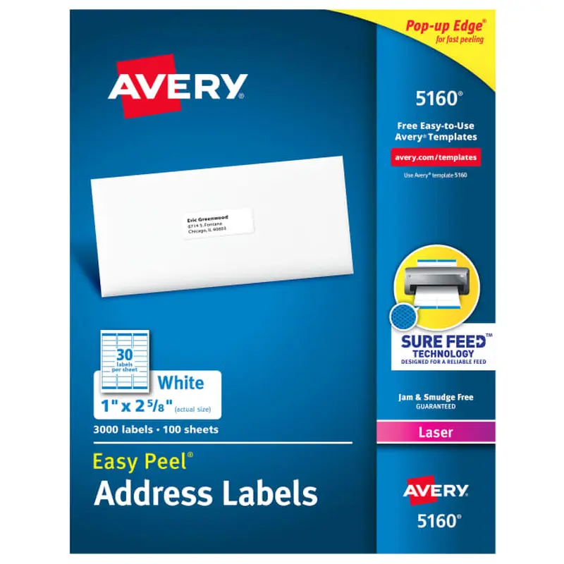 Avery Easy Peel Address Labels, Sure Feed Technology, Permanent Adhesive, 1" x 2-5/8", 3,000 Labels (5160)