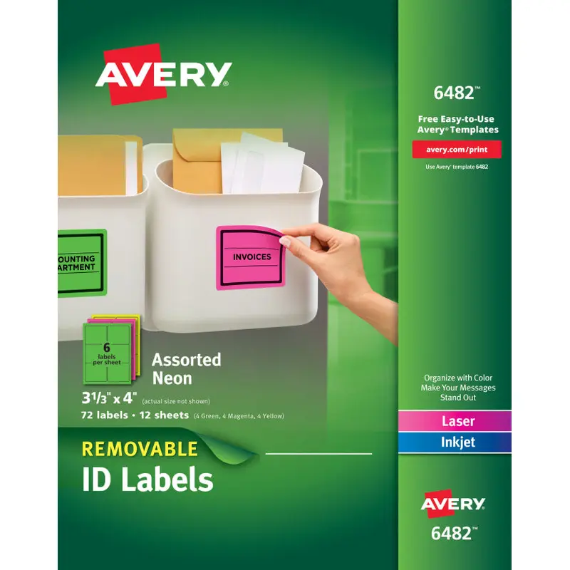 Avery Removable Labels, Removable Adhesive, Assorted Neon Colors, 3-1/3" x 4", 72 Labels (6482)