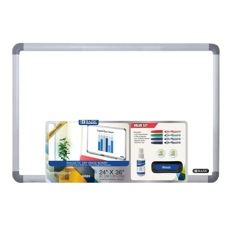 BAZIC 24" * 36" ALUMINIUM FRAME MAGNETIC DRY ERASE WHITEBOARD VALUE PACK
