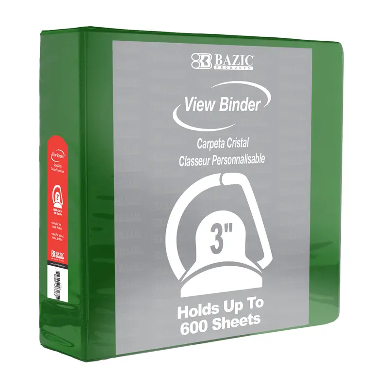 BAZIC 3" GREEN SLANT-D RING VIEW BINDER W/2-POCKETS