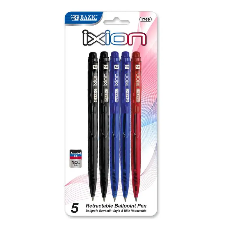 BAZIC IXION ASSORTED COLOR RETRACTABLE PEN (5/PACK)