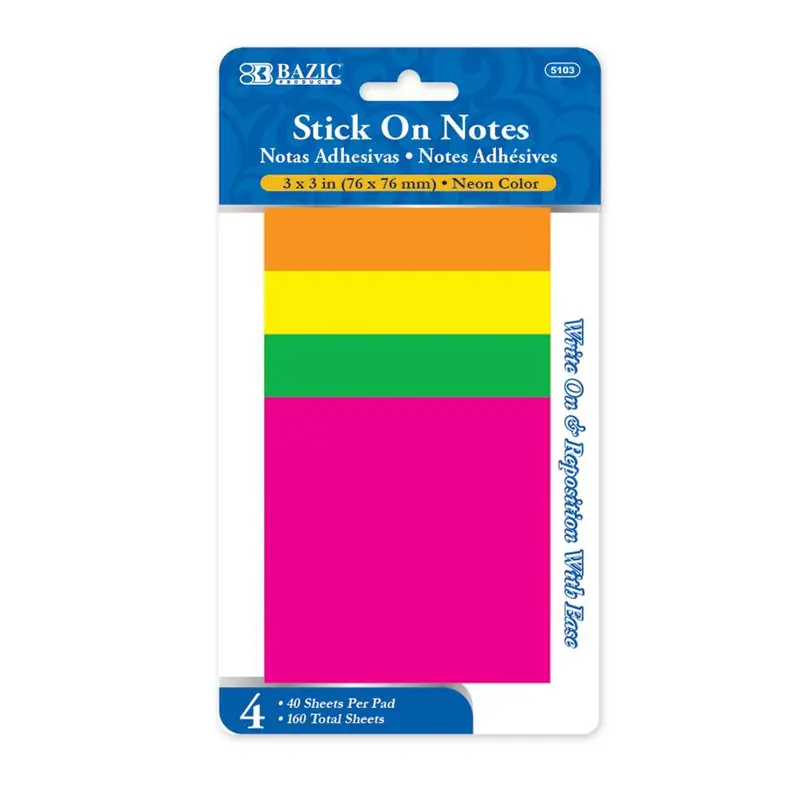 BAZIC Stick On Notes 3" X 3" 40 Ct. (4/Pack) Neon