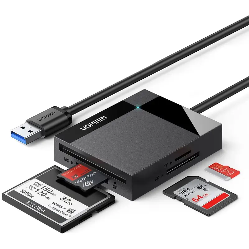 UGREEN SD Card Reader USB 3.0 Card Hub Adapter 5Gbps Read 4 Cards Simultaneously CF,CFI, TF, SDXC, SDHC, SD, MMC, Micro SDXC, Micro SD, Micro SDHC, MS, UHS-I (Black)