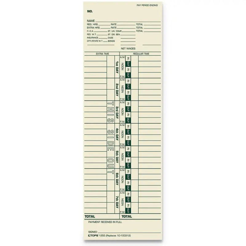 Time Clock Cards, Replacement for 10-100312/1950-9301/K14-36981D, One Side, 3.5 x 10.5, 500/Box