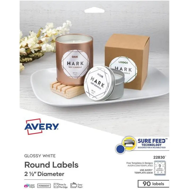 22830 GLOSSY WHITE ROUND LABELS 2 1/2" DIA. 10 SHTS/ENV.