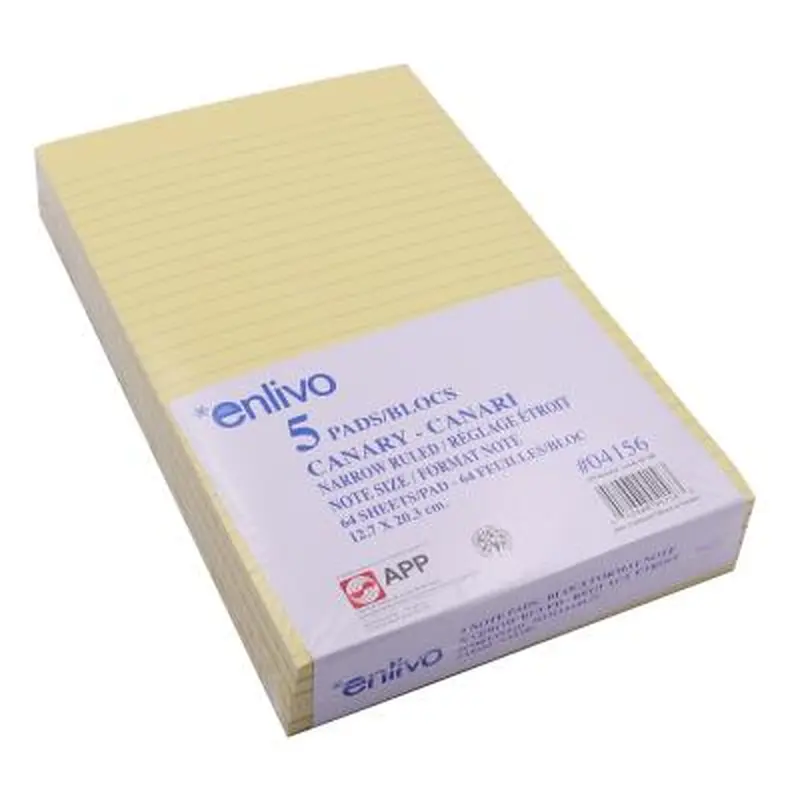 APP Ruled Canary Writing Pads, 64 Sheets, 5"x8", 5 Pack