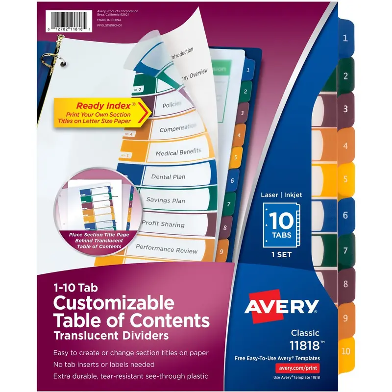 Avery® 10 Tab Dividers, Customizable TOC, Multicolor, 1 Set (11818)