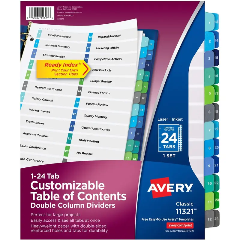 Avery® Double Column 24 Tab Dividers, Customizable TOC, 1 Set (11321)