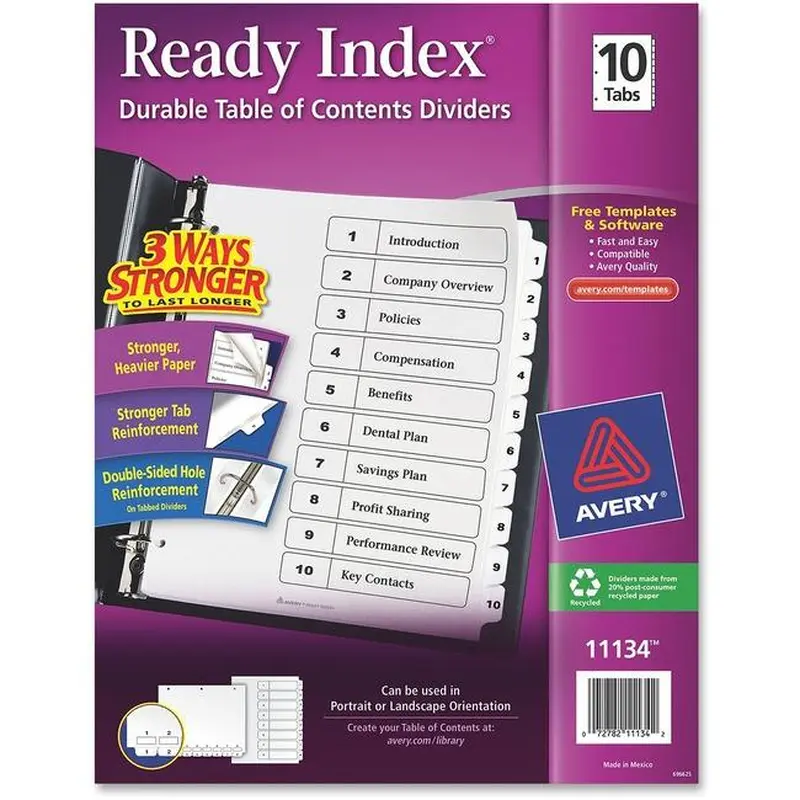 Avery® Ready Index 10 Tab Dividers, Customizable TOC, 1 Set (11134) (AVE11134)
