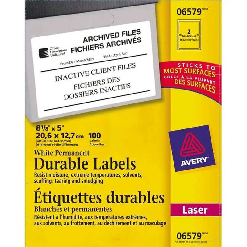 Avery® Permanent Durable ID Labels, TrueBlock(R), 5" x 8-1/8" , Matte White, 100 Labels (6579) (AVE06579)