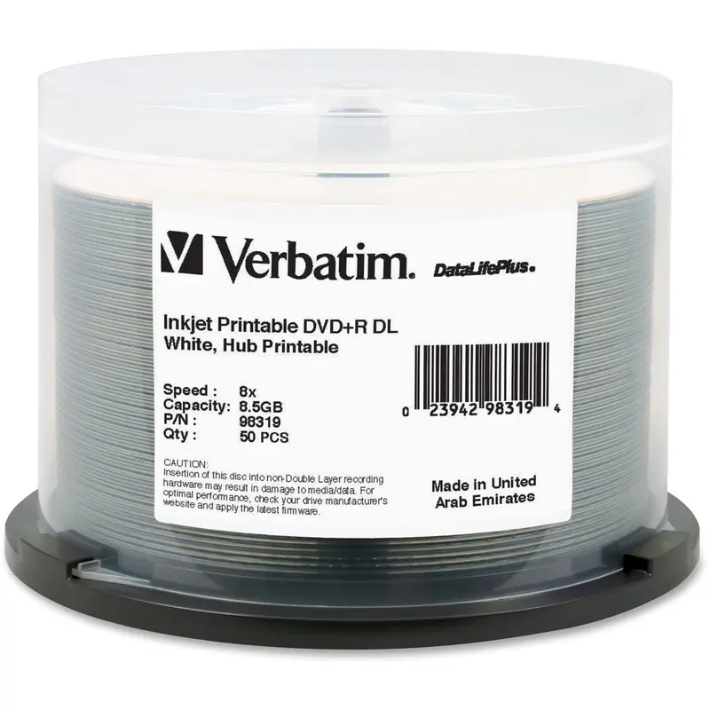 Verbatim DVD R DL 8.5GB 8X DataLifePlus White InkJet Printable, Hub Printable - 50pk Spindle