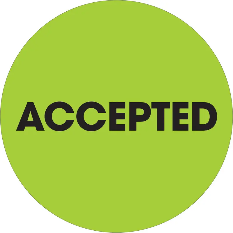 2" Circle - "Accepted" Fluorescent Green Labels 500/Roll