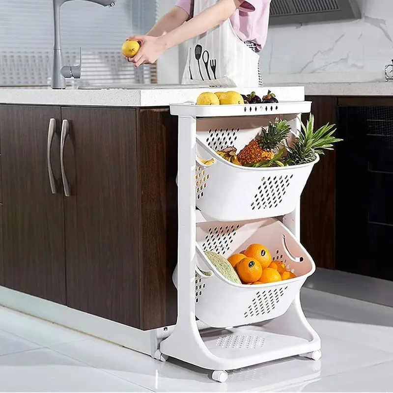 (Net) 4 Layers Kitchen Vegetable Shelf Landing  Fruit Basket Seasoning Toy Storage  With Wheels