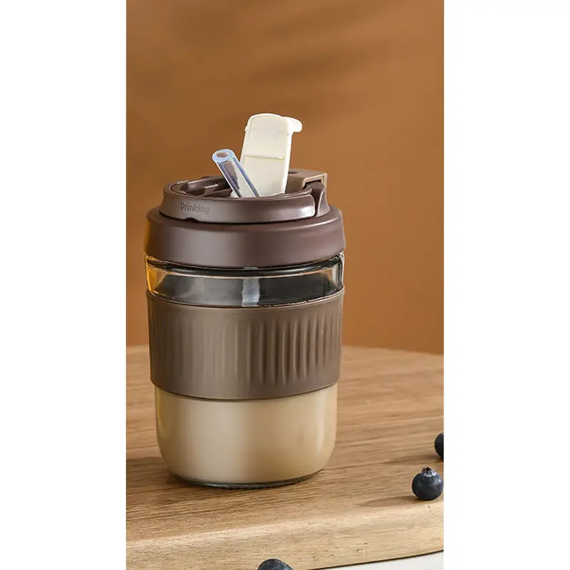 (Net) Coffee Cup With Silicone Band And Hanger With Double Drinking Heads - 400ML / KN-8Purple