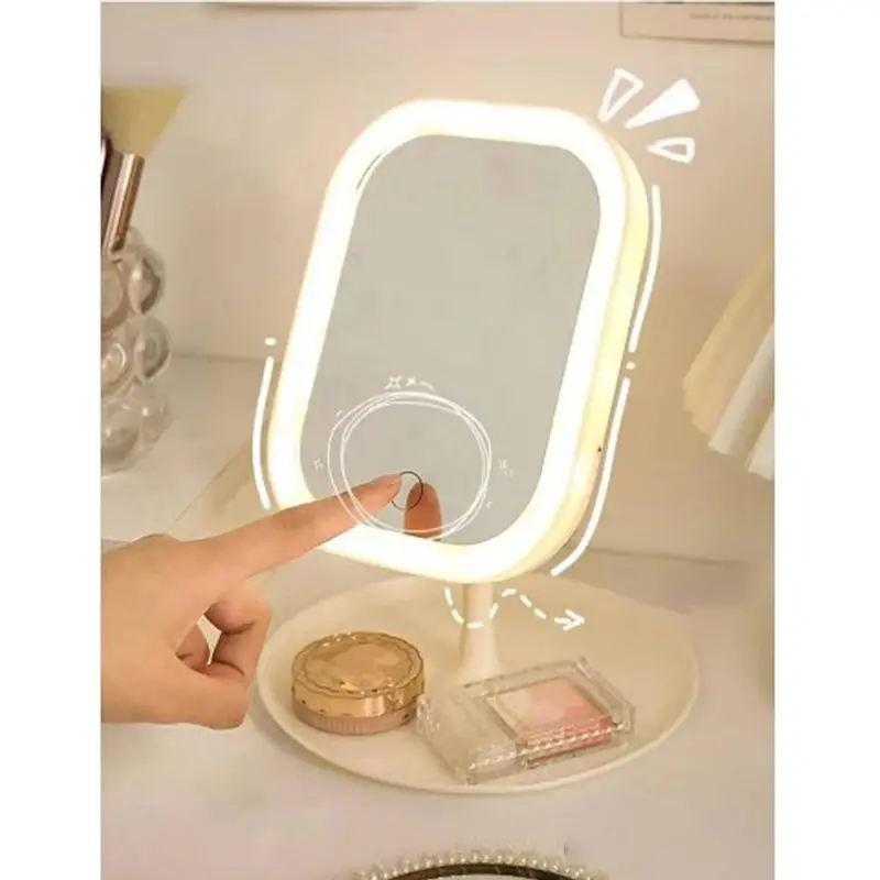 (Net) Customized Rectangular Shape Single Face LED Table Mirror with Tray 360 Swivel FunctionBlack