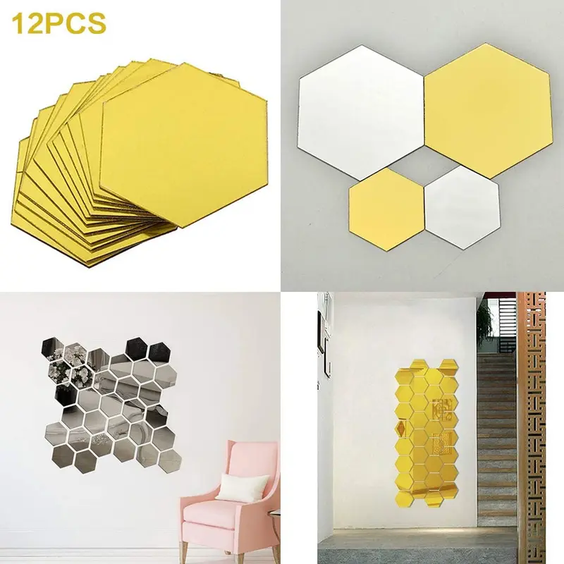 (NET) Hexagon Mirror Wall Sticker Art Wall Decor Living Room Mirrored Decorative Sticker 12pcsBlack