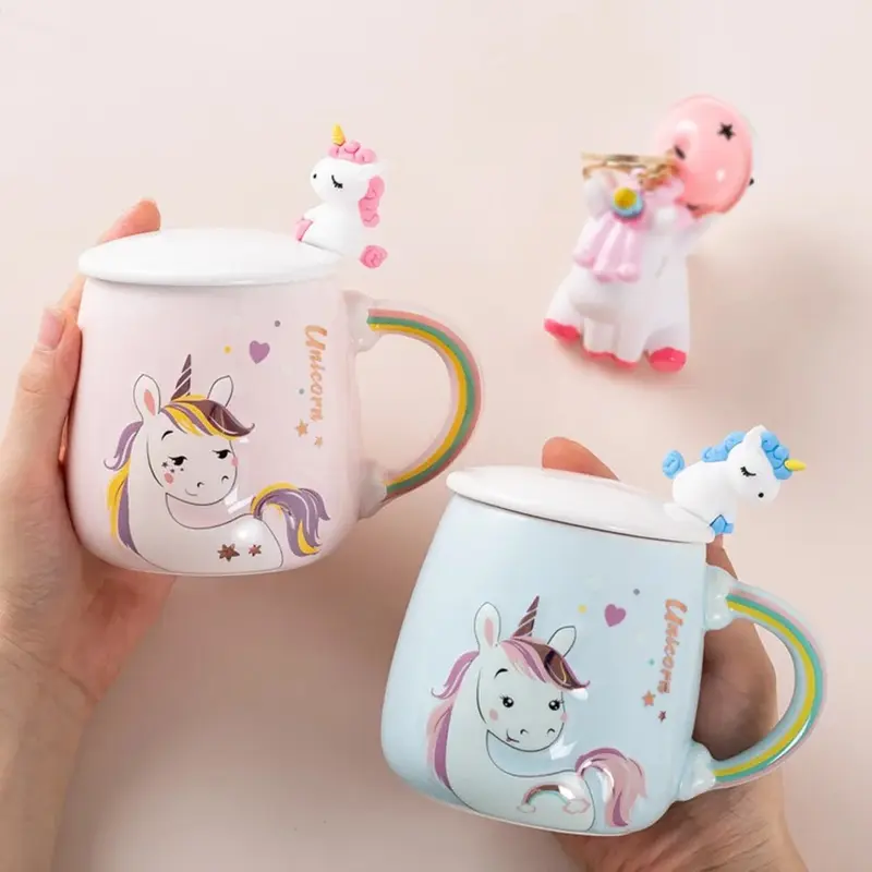 (Net) Unicorn Design Ceramic Mug with Cap and Spoon / 811604Aqua