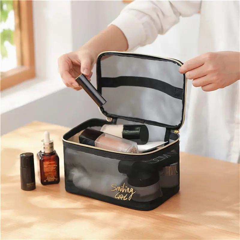 **(NET)**Cosmetic Bag Transparent Mesh Easy to Carry Zipper Black Convenient Storage Polyester Large Capacity Toiletry Bag for Travel