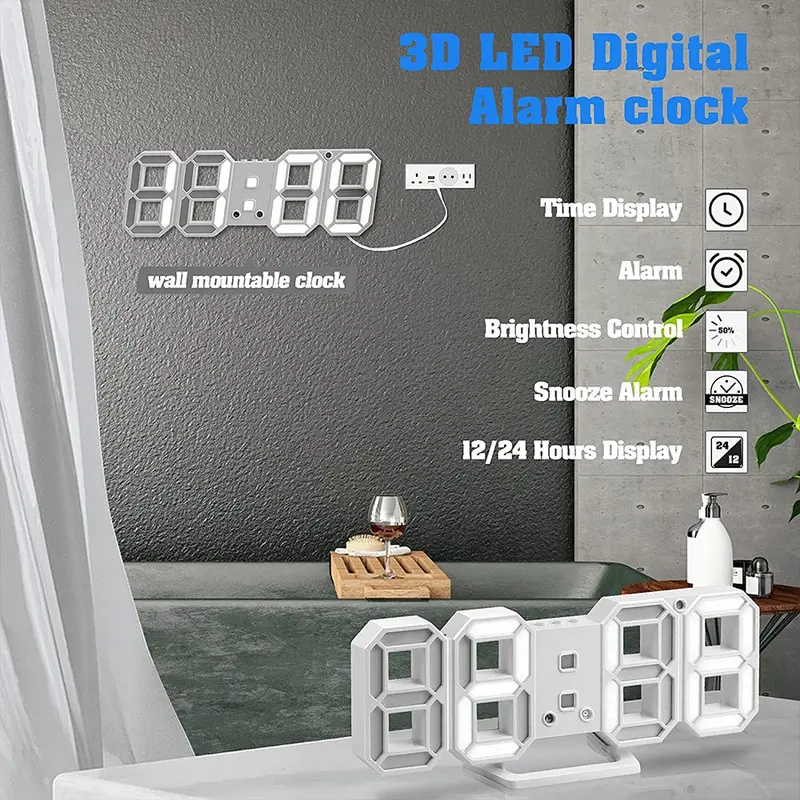 USB Digital 3D Alarm Clock, LED Numerals Time Clock with 3 Adjustable Brightness Levels,White