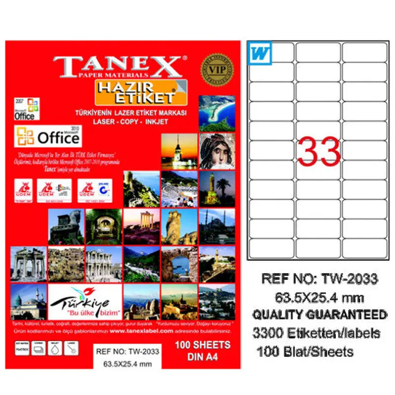 Tanex Laser Label 100 sheets 63.5X25.4 Laser-Copy-Inkjet Tw-2033